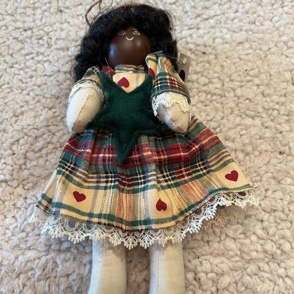 Handmade 12" Cloth Doll with Plaid Dress & Heart Accents